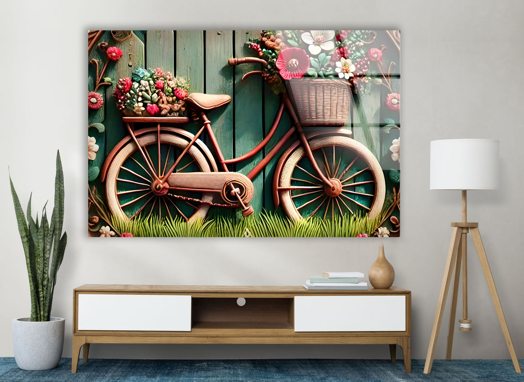 Bicycle with Flowers Glass Wall Art photo print on glass, prints on glass wall art
