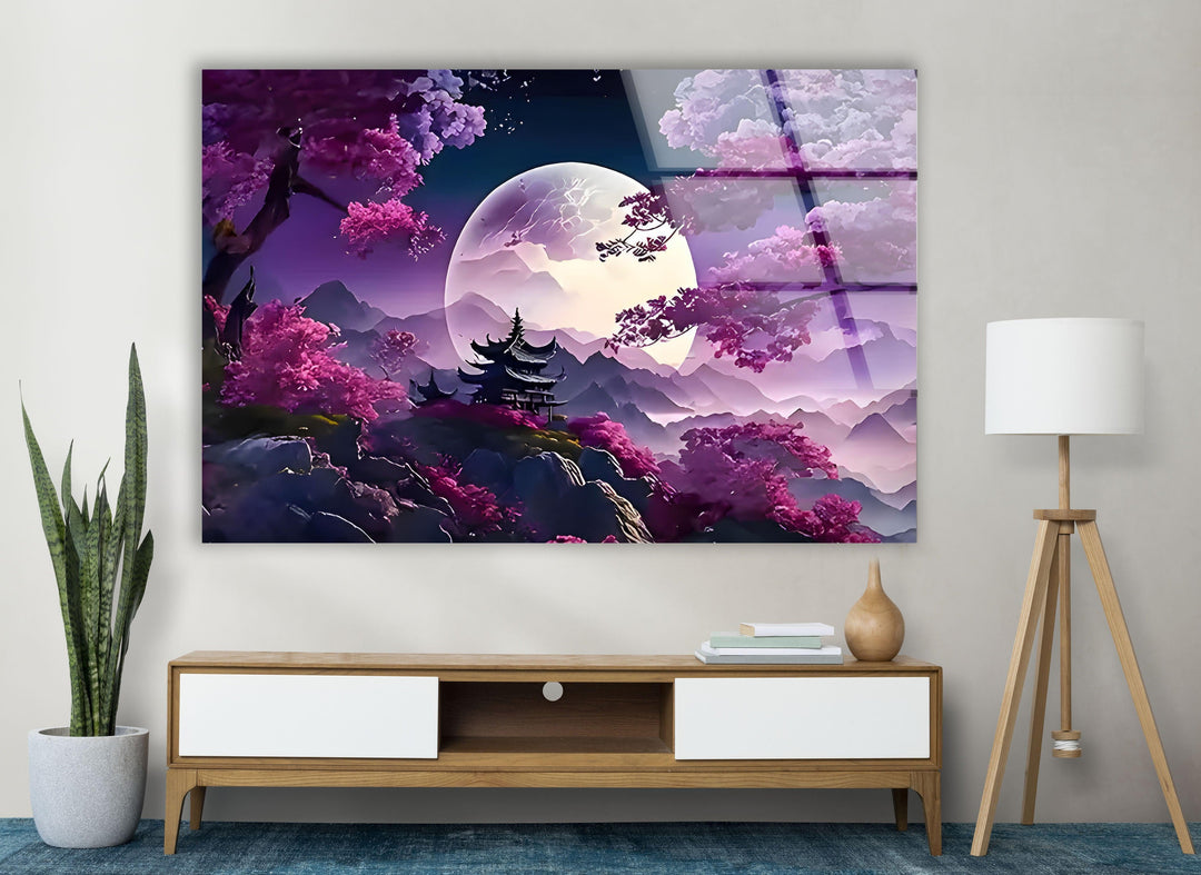 Japanese Temple Purple Sunset Glass Wall Art large glass photo prints, glass wall photos
