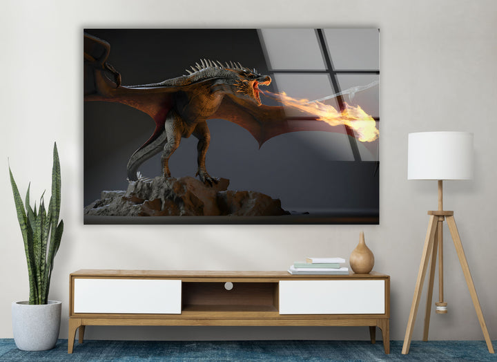 Majestic dragon unleashing flames, standing tall in a mystical scene.
