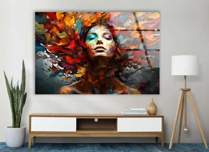 Woman with Colored Leafs Glass Wall Art glass image printing, glass prints from photos
