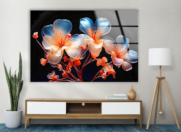 Orange & Blue Flower Glass Wall Art picture on glass wall art, photos printed on glass
