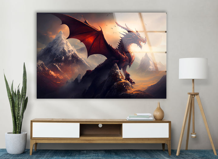 Majestic dragon surrounded by fiery skies and towering mountains, radiating strength.
