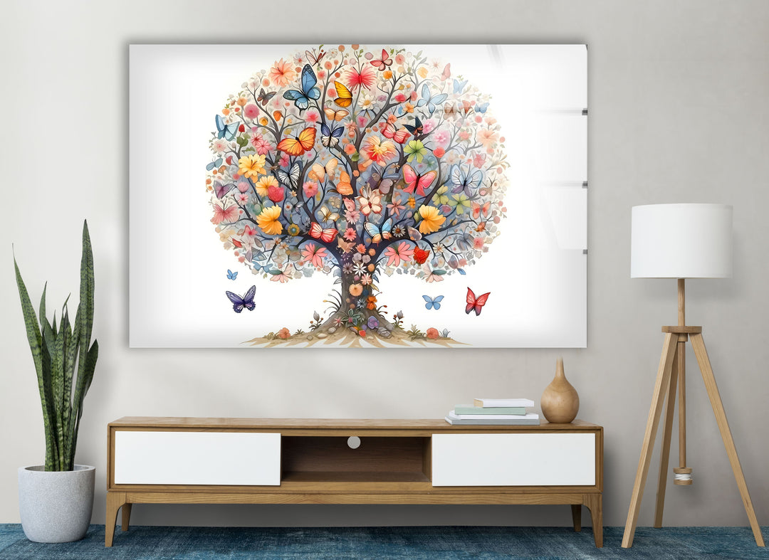 Flower & Butterfly Tree Glass Wall Art print picture on glass, Tempered Glass Wall Art
