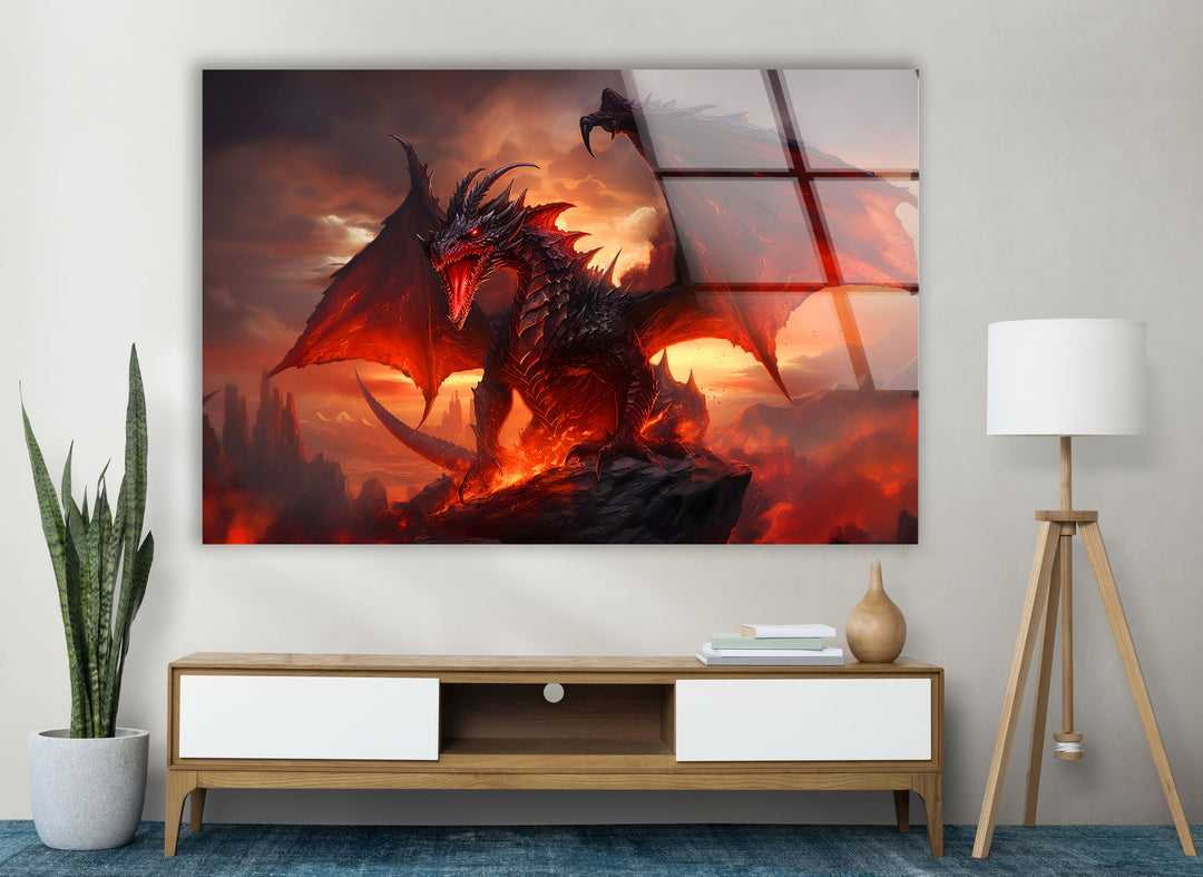 Powerful dragon roaring with fire erupting from its mouth, set in a fiery world.
