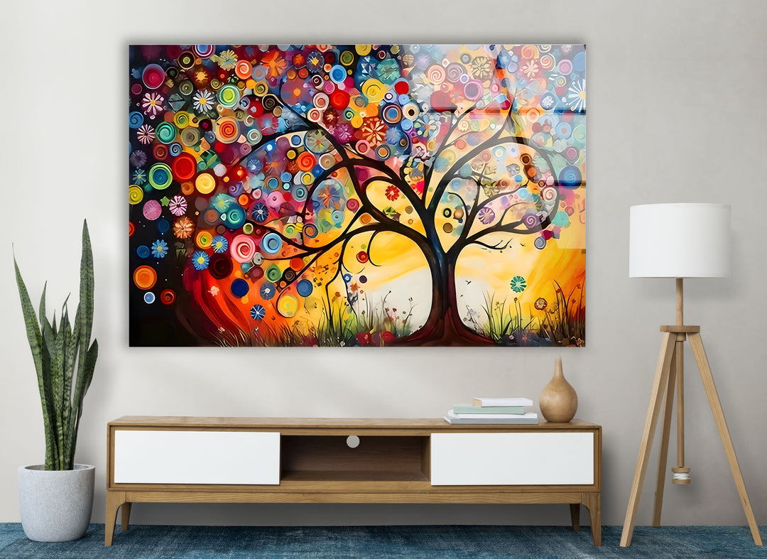 Colored Circles Tree Glass Wall Art print picture on glass, Tempered Glass Wall Art
