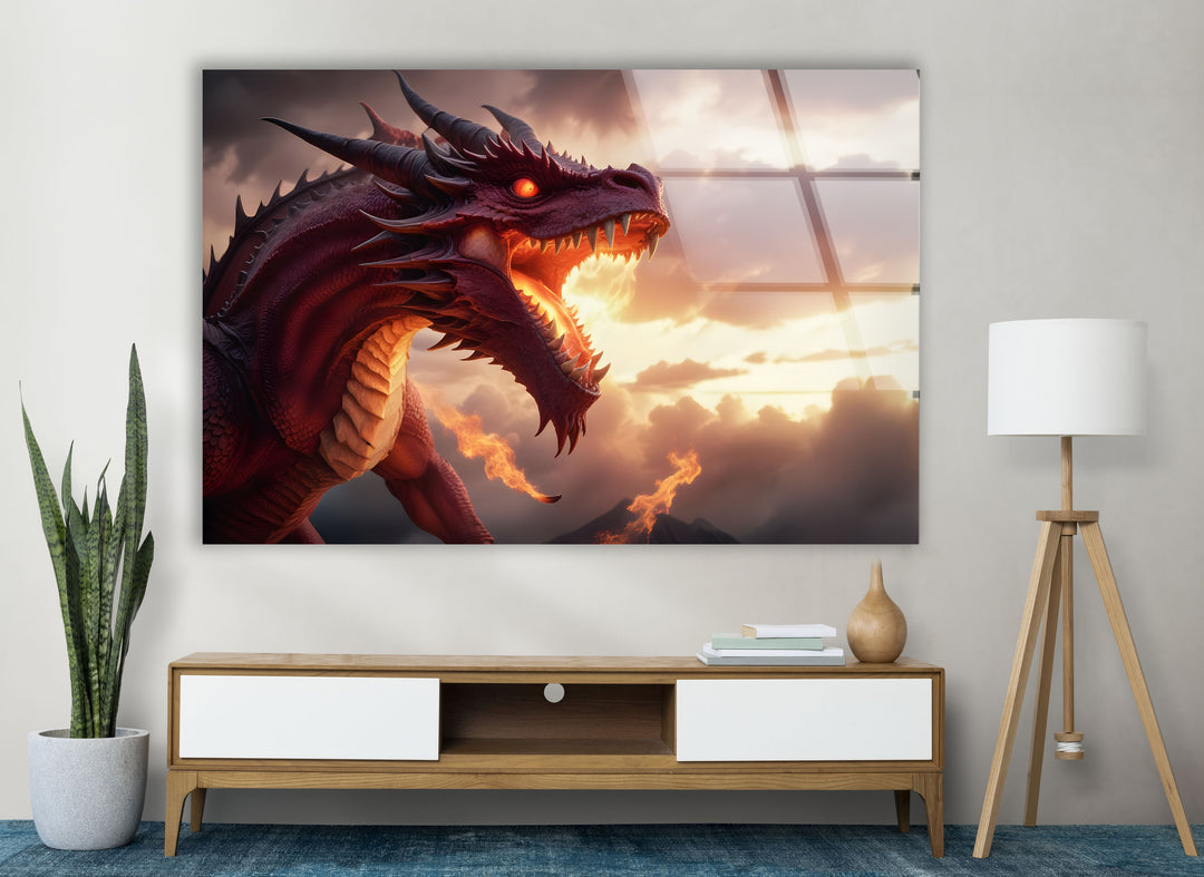 Intense dragon roaring in front of a fiery sky, radiating strength and dominance.
