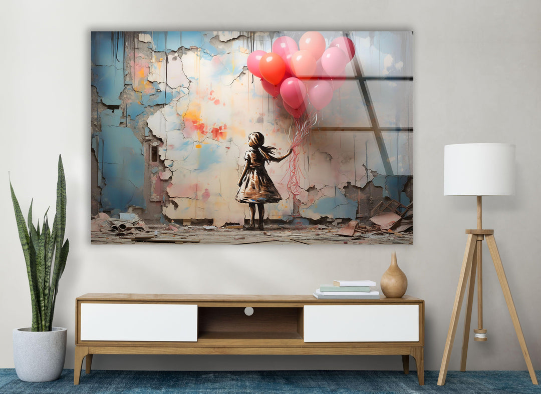 Girl Holding Balloon Glass Wall Art glass image printing, glass prints from photos
