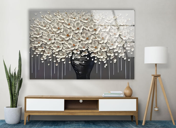 White Flowers and Grey Vase Glass Wall Art glass image printing, glass prints from photos
