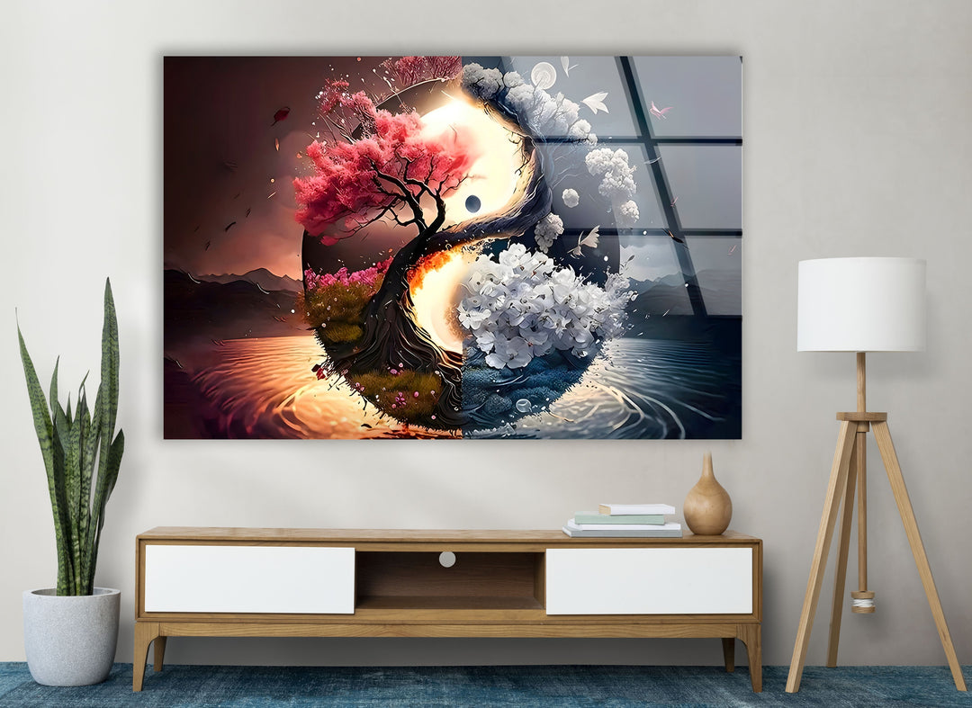 Yin Yang Flower Tree Glass Wall Art glass art painting, glass art for the Wall
