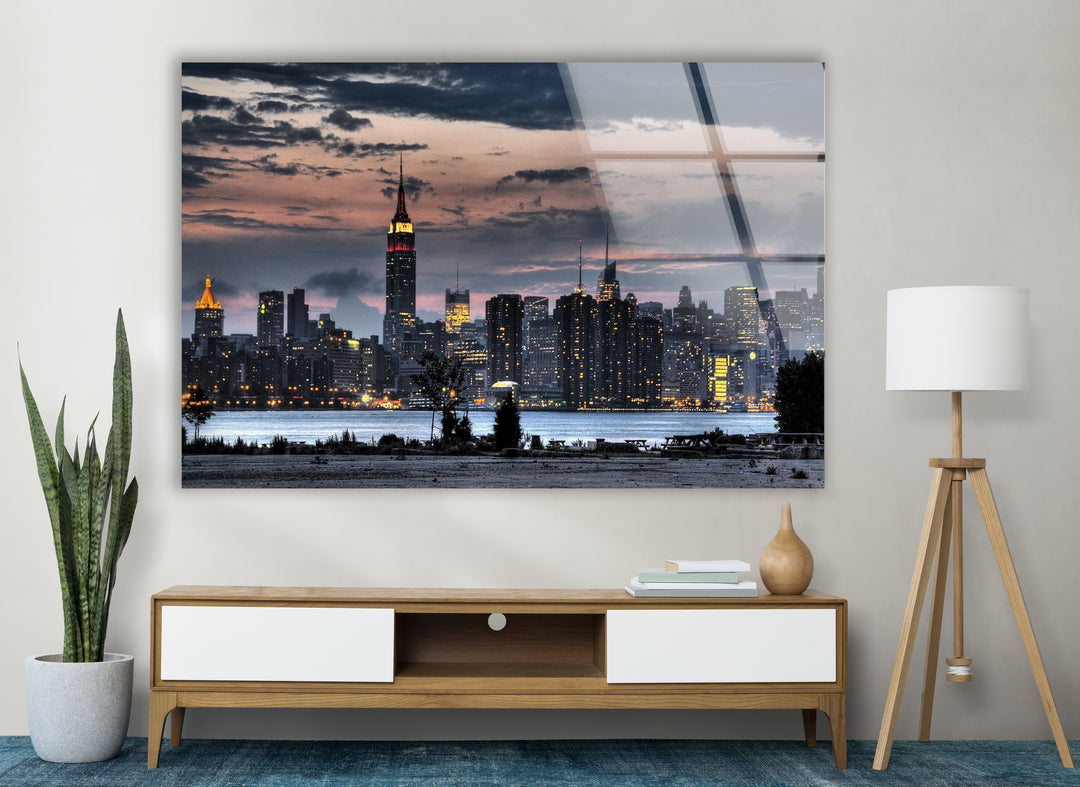 New York City Skyline Glass Wall Art – Stunning Evening View of Empire State Building & Downtown