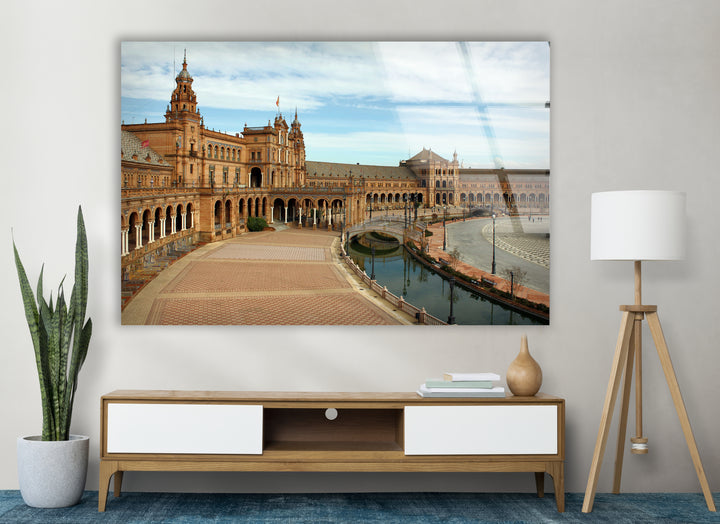 Plaza de España Glass Wall Art – Majestic Spanish Landmark with Scenic Canal View