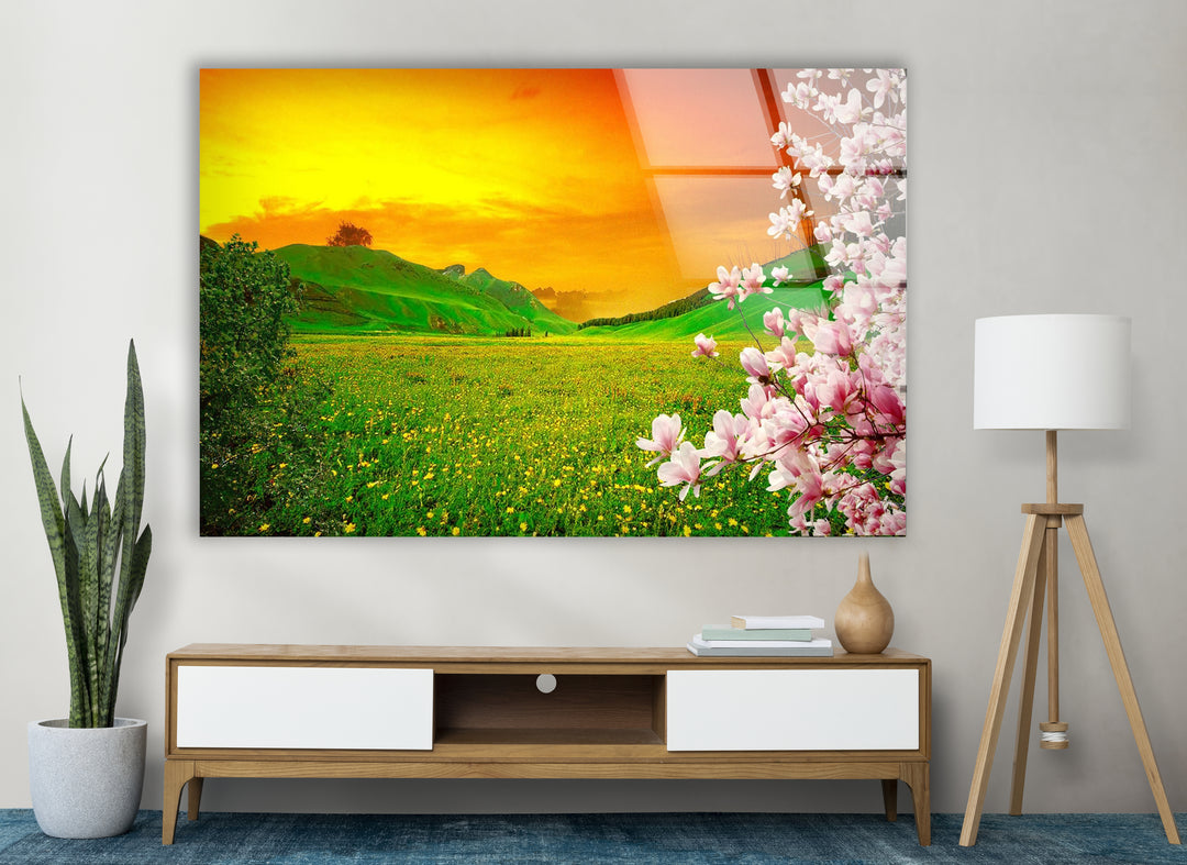 Sunset Meadow Glass Wall Art – Beautiful Spring Landscape with Blossoming Flowers