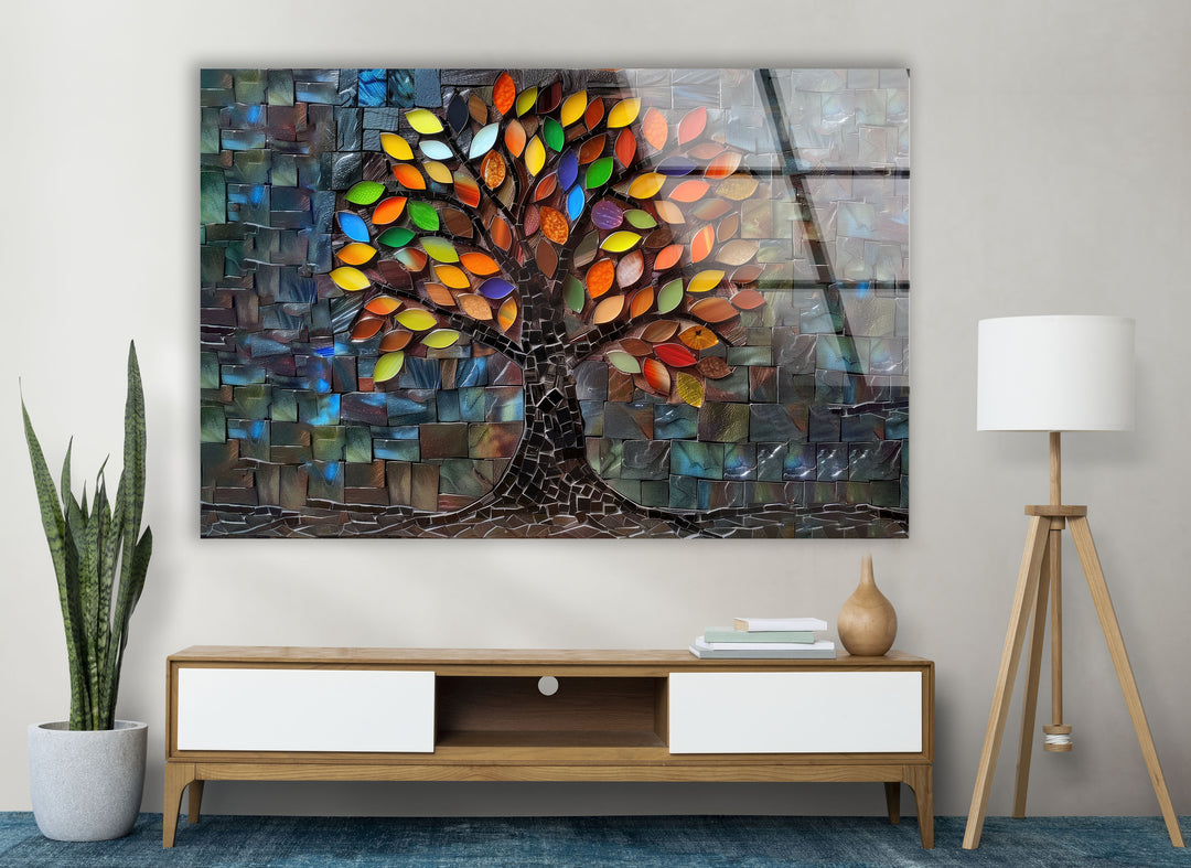 Mosaic Of A Tree Glass Wall Art print picture on glass, Tempered Glass Wall Art