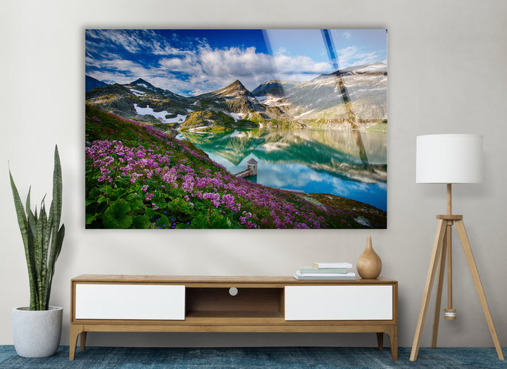 Norwegian Fjord Glass Wall Art – Majestic Mountain with Blossoming Flowers