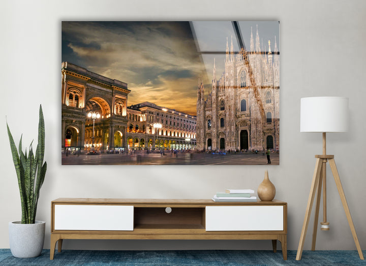 Milan Cityscape Glass Wall Art – Iconic Duomo Cathedral & Galleria Vittorio Emanuele at Dusk