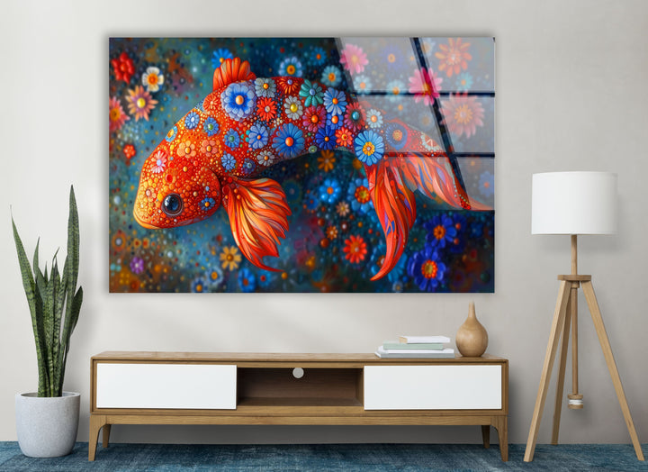 Fish with Flowers Glass Wall Art Glass Printing Wall Art, Print photos on glass