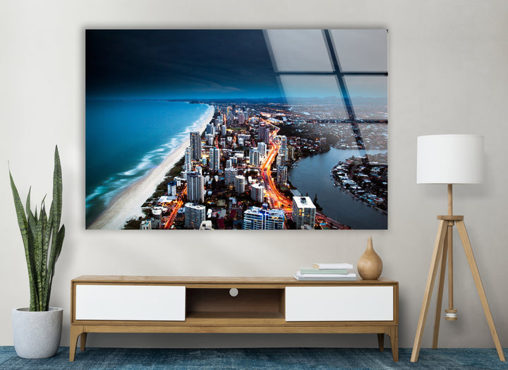 Gold Coast Skyline Glass Wall Art – Majestic View of Australian Coastal City at Night