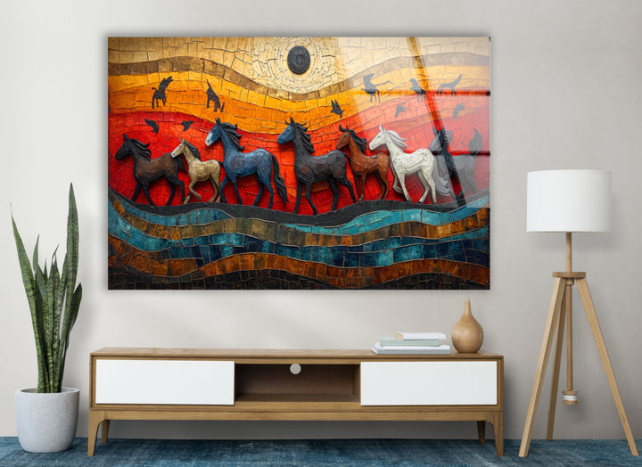 Mosaic Horses Glass Wall Art print picture on glass,Tempered Glass Wall Art