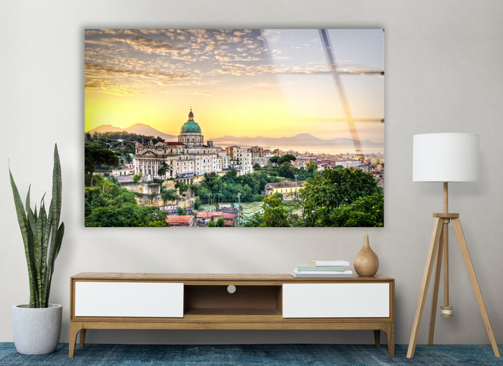 Sunset View of Naples Skyline Glass Wall Art – Iconic Italian Cityscape with Mt. Vesuvius View