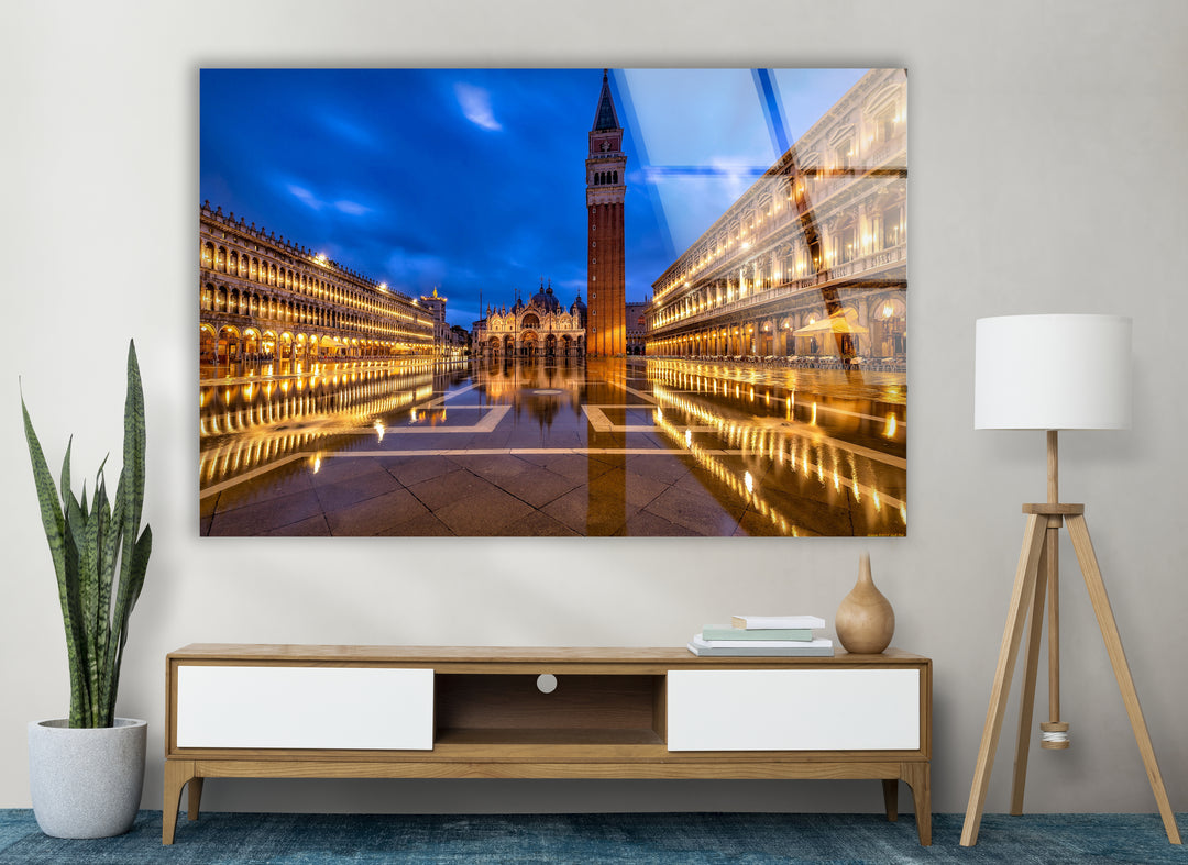 St. Mark's Square Glass Wall Art – Majestic Venice Landmark with Illuminated Campanile Tower