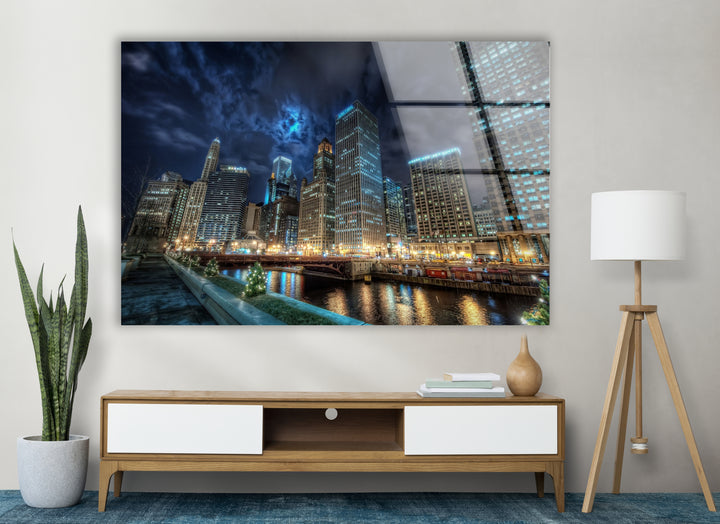 Chicago Skyline Glass Wall Art – Majestic View of Chicago's Iconic River & Skyscrapers at Night