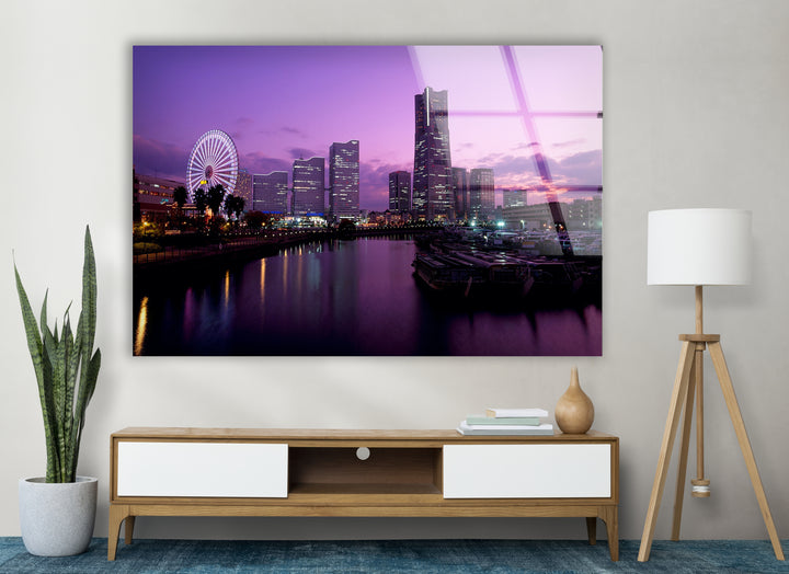 Yokohama City Skyline Glass Wall Art – Stunning Waterfront View with Ferris Wheel at Sunset