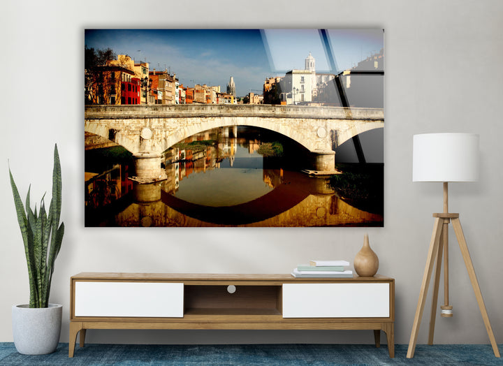 Girona Bridge Glass Wall Art – Scenic View of Spanish City with Reflection in River