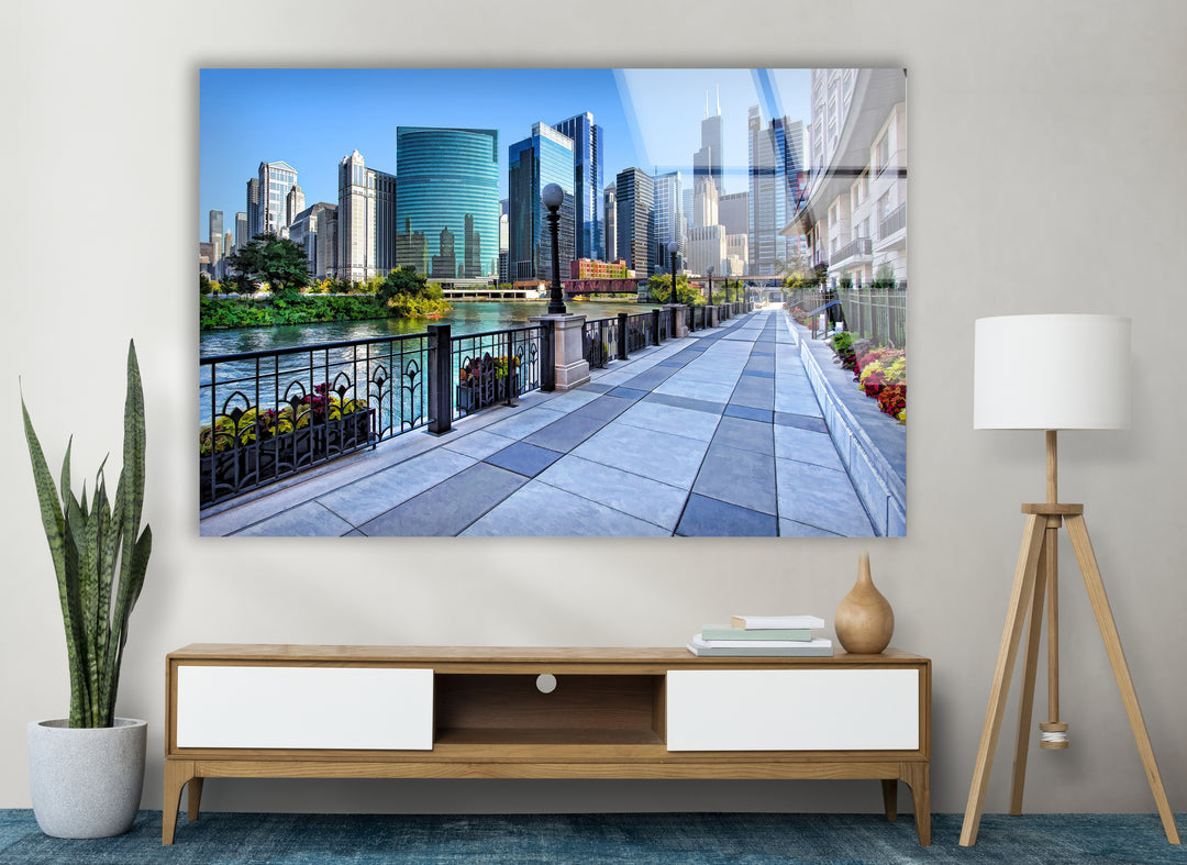 Chicago Riverwalk Glass Wall Art – Stunning View of Downtown Skyscrapers & Waterfront Path