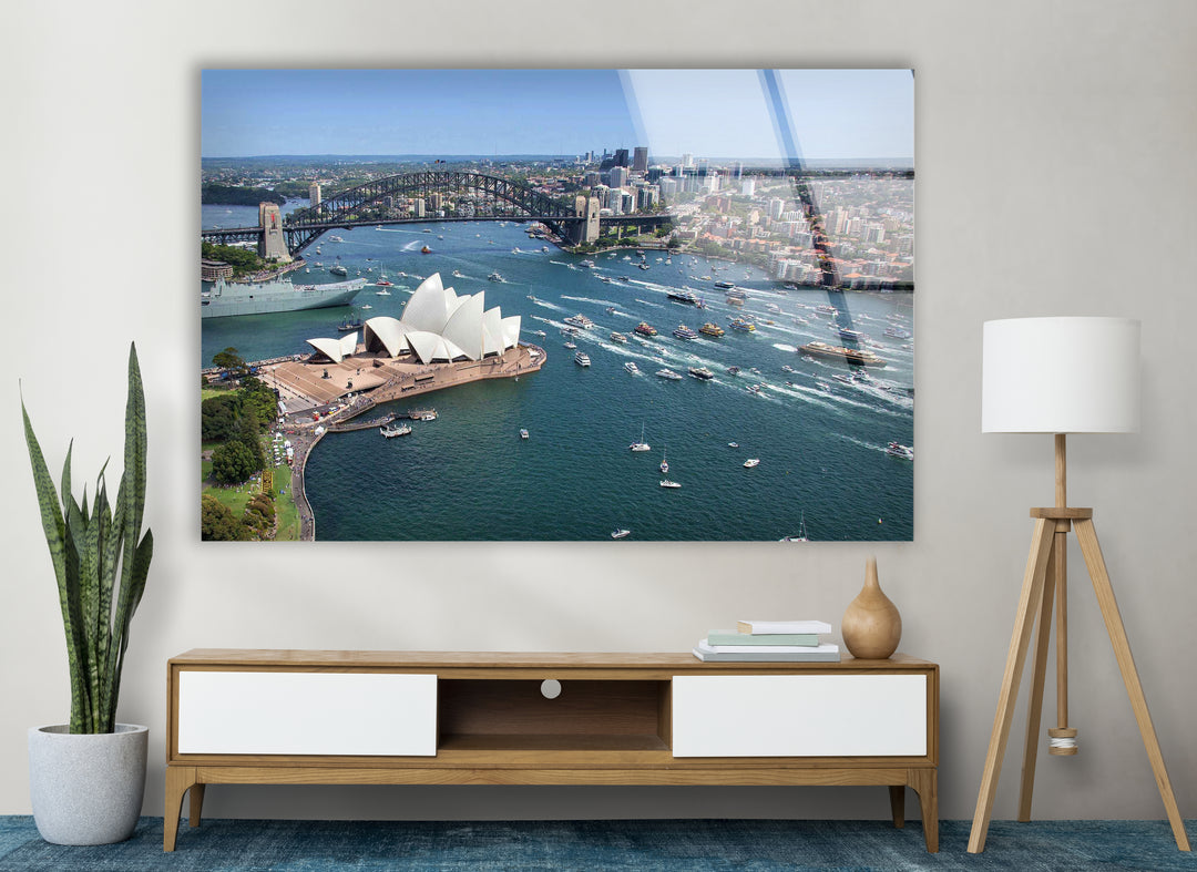 Sydney Opera House Glass Wall Art – Iconic View of Australia's Landmark & Harbour Bridge