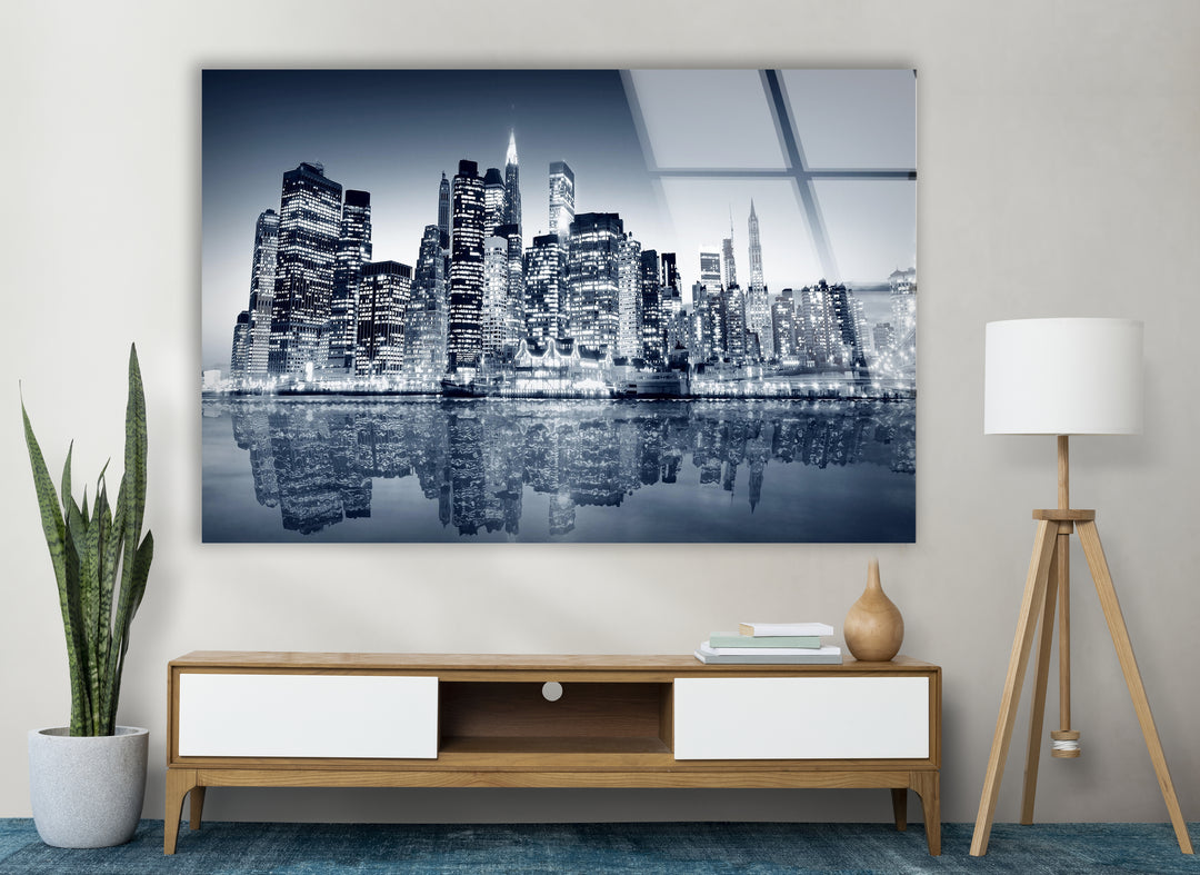 Black and White New York City Skyline Glass Wall Art – Iconic NYC View with Reflections