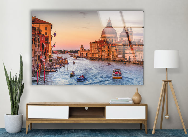 Venice Canal Glass Wall Art – Iconic Grand Canal View at Sunset with Boats