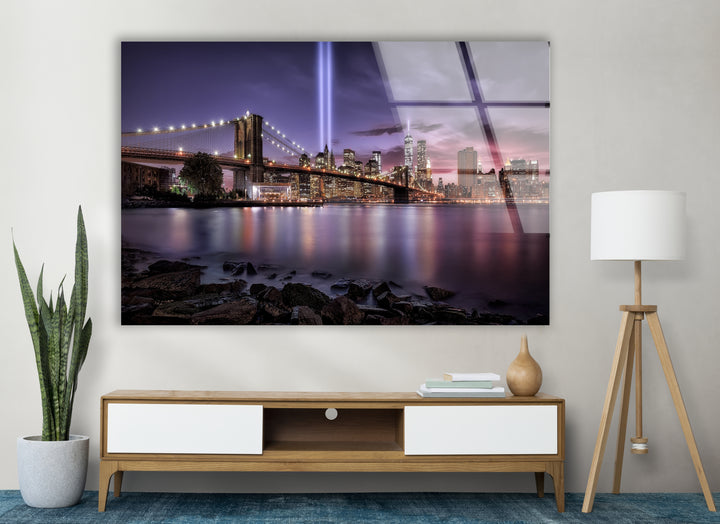 Brooklyn Bridge Glass Wall Art – Breathtaking NYC Skyline with Tribute in Light