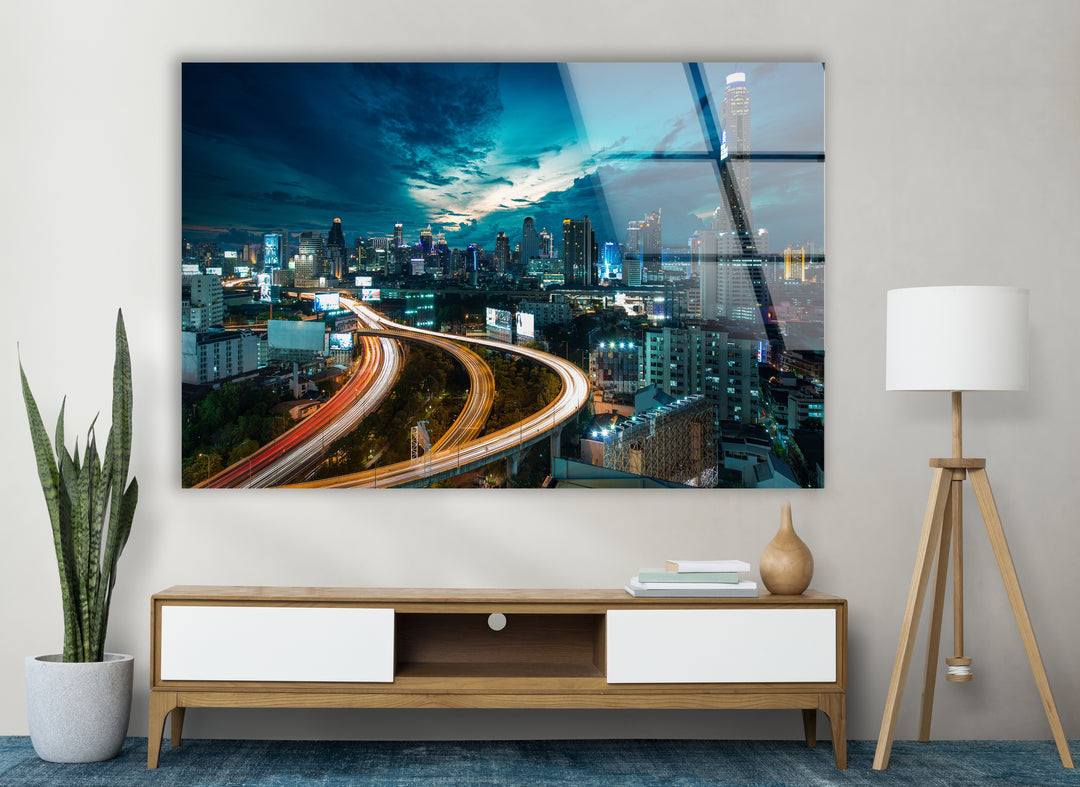 Bangkok Skyline Glass Wall Art – Stunning Night View of Thailand’s Iconic Cityscape