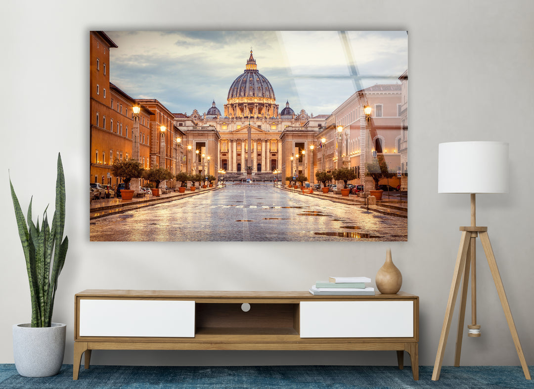 Vatican City Glass Wall Art – Majestic View of St. Peter's Basilica at Dusk