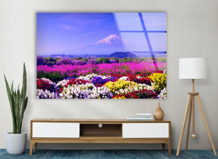 Mount Fuji and Flower Field Glass Wall Art – Majestic View of Japan’s Iconic Mountain & Blossoming Landscape