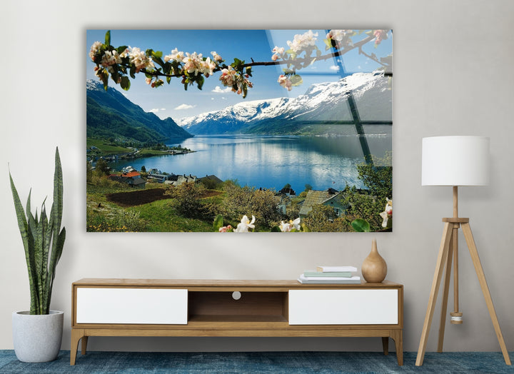 Norwegian Fjord Glass Wall Art – Majestic Mountain & Lake View with Blossoming Flowers