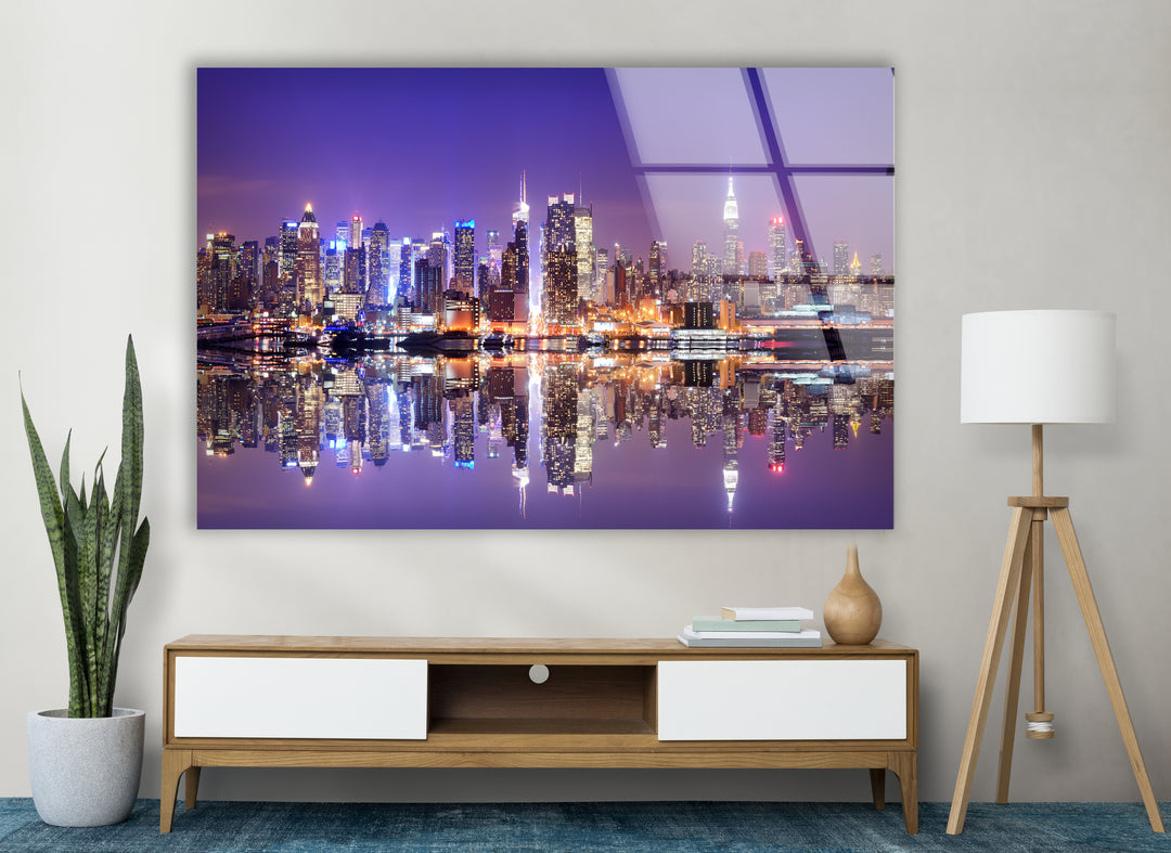 New York City Skyline Glass Wall Art – Iconic Manhattan Skyline with Stunning Waterfront Reflection