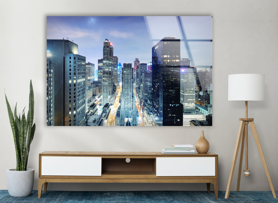 Chicago Skyline Glass Wall Art – Stunning Night View of Downtown Skyscrapers and Streets