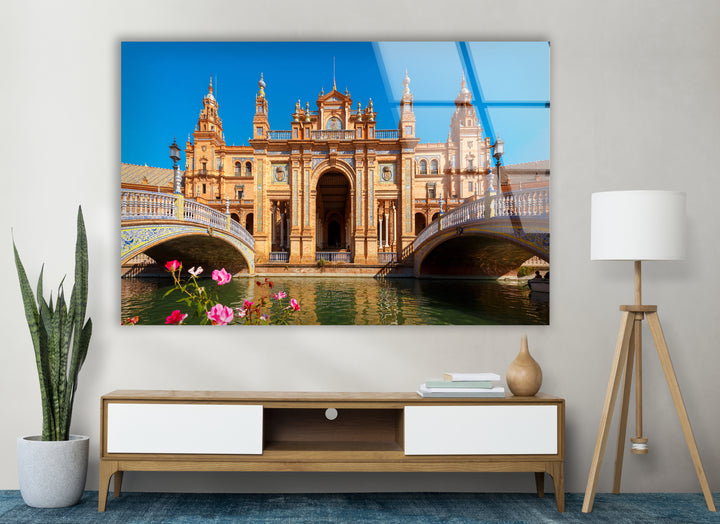 Plaza de España Glass Wall Art – Majestic Spanish Landmark with Scenic Canal