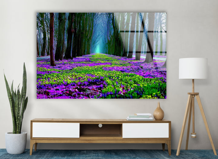 Flower Pathway Glass Wall Art – Serene Spring Landscape with Lush Blooming Flowers