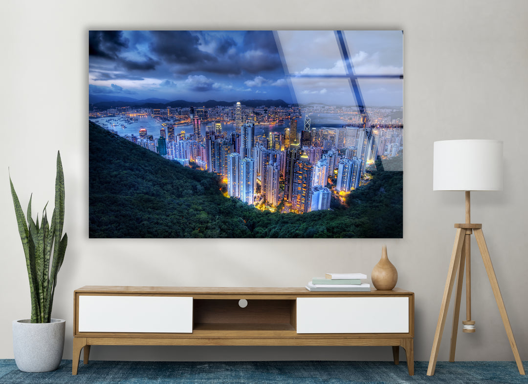 Hong Kong Skyline Glass Wall Art – Stunning View of City Lights & Harbor at Dusk