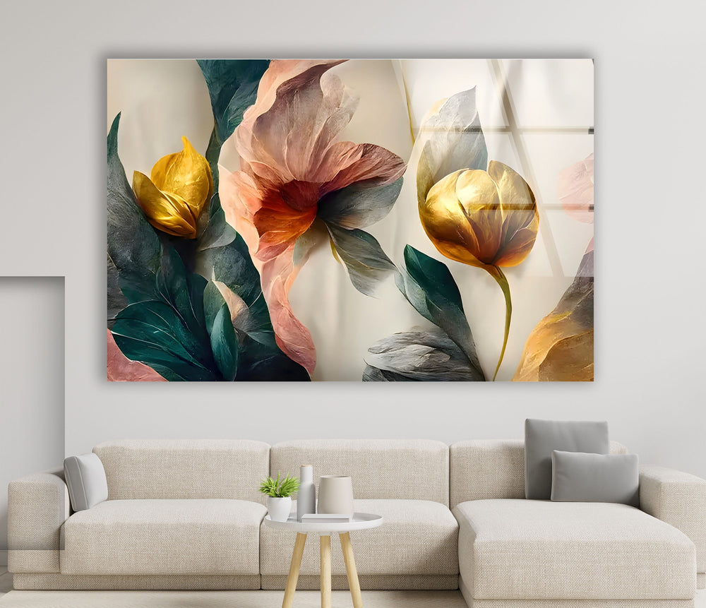 Abstract Golden Details Pink Flower Glass Wall Art glass wall decor, glass wall art decor
