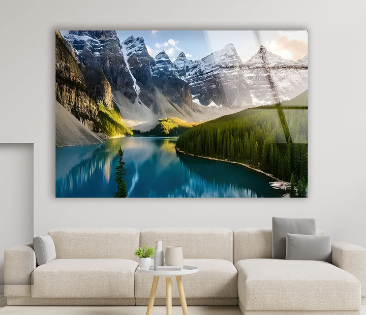 Vivid Snowy Mountains & Trees Glass Wall Art photo print on glass, prints on glass wall art
