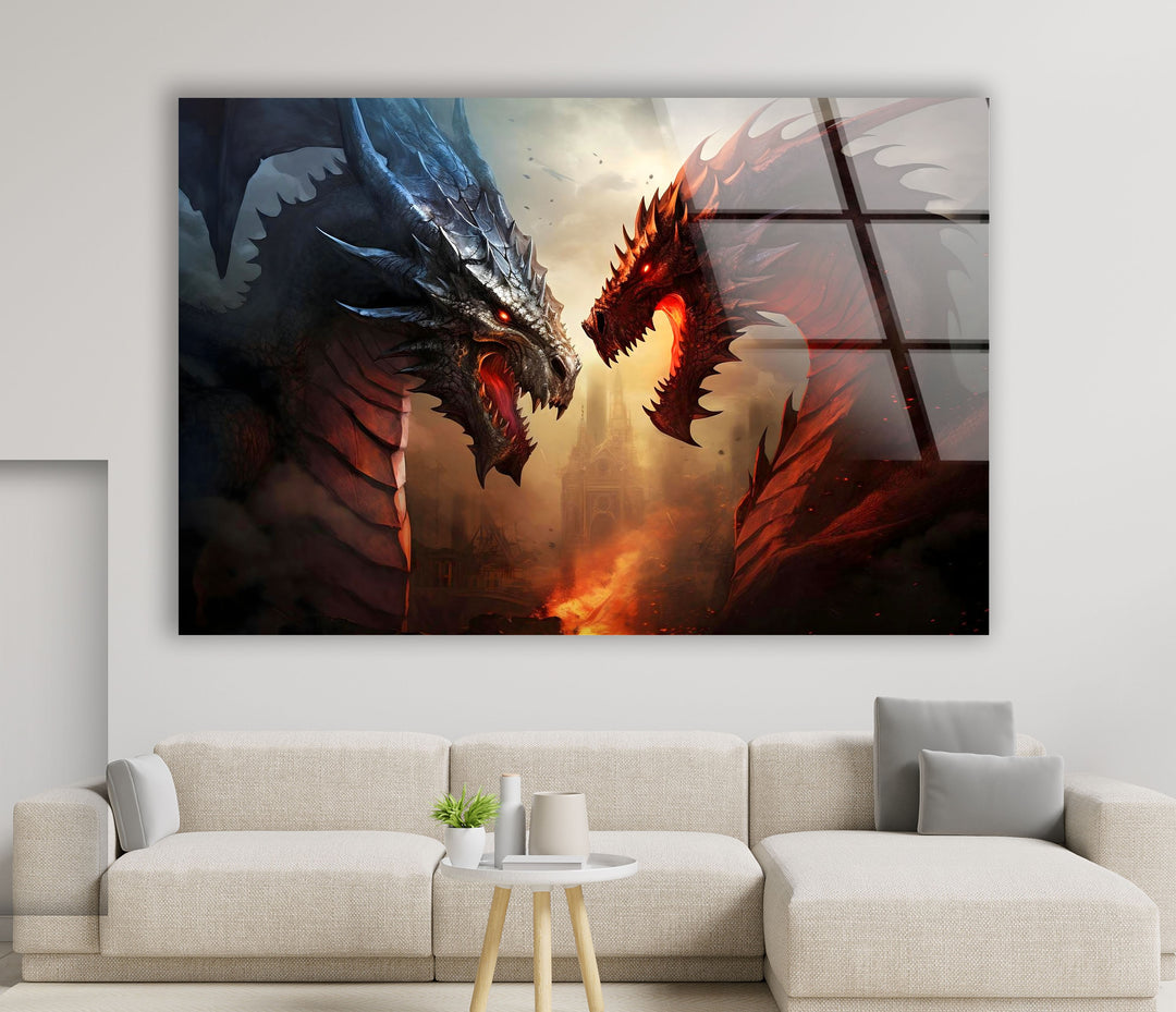 Epic clash between two mighty dragons, surrounded by a fiery world.
