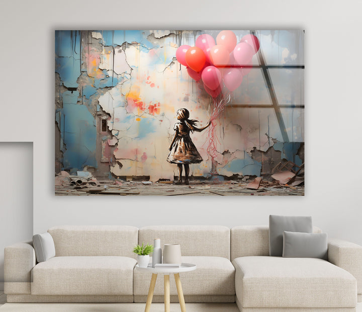 Girl Holding Balloon Glass Wall Art glass wall decor, glass wall art decor
