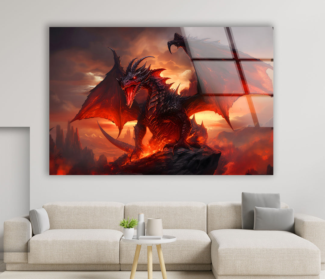 Epic mythical dragon standing strong in a fiery, smoky backdrop.
