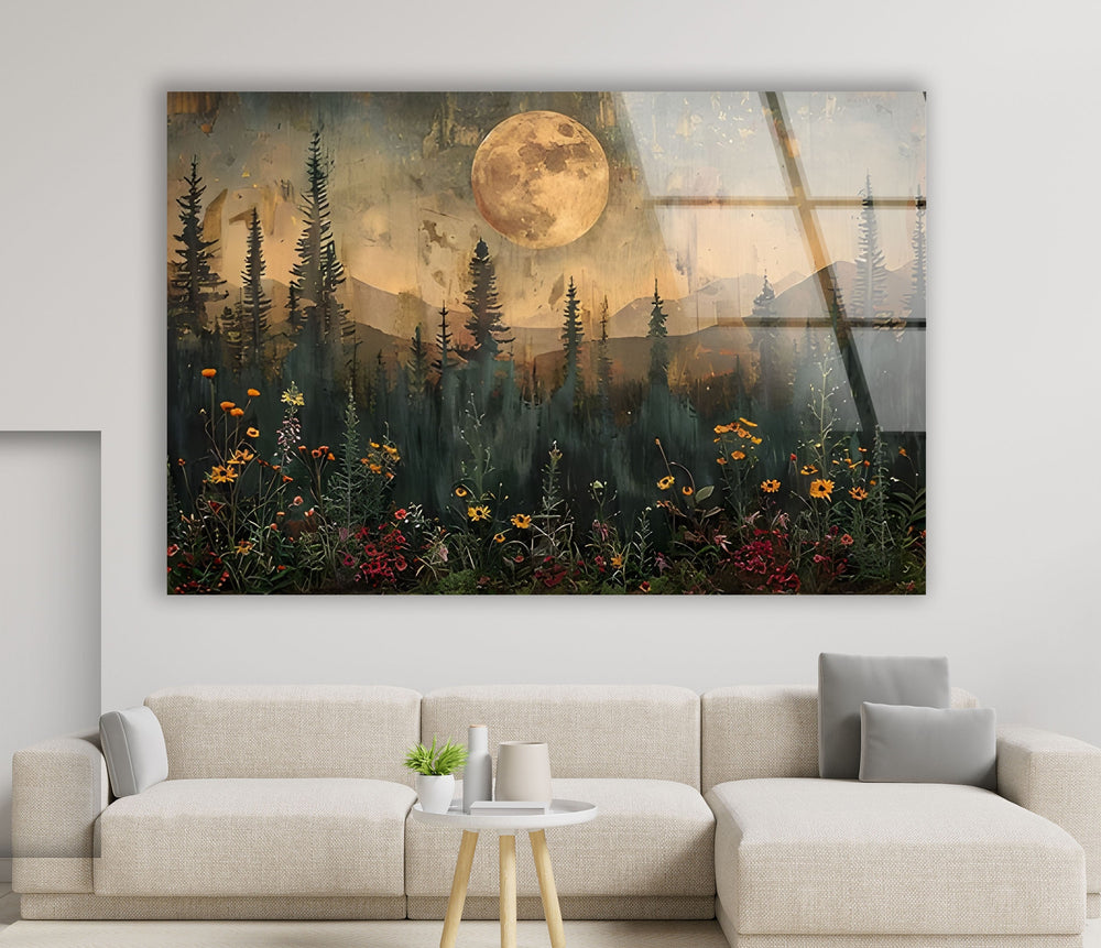 Sunset With Full Moon Glass Wall Art glass art painting, glass art for the Wall
