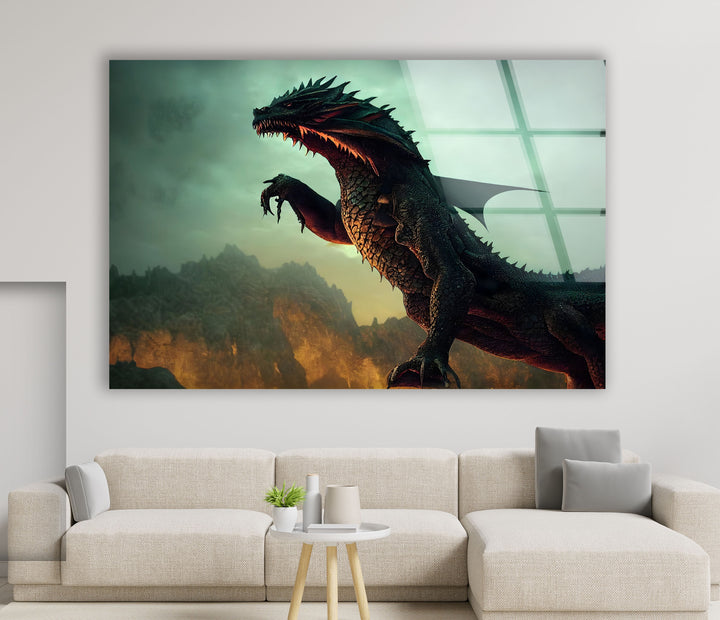 Intense dragon artwork featuring a mighty creature amidst a blazing backdrop.
