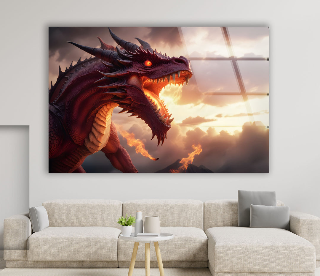 Epic dragon artwork showcasing a mythical creature against a blazing sunset.
