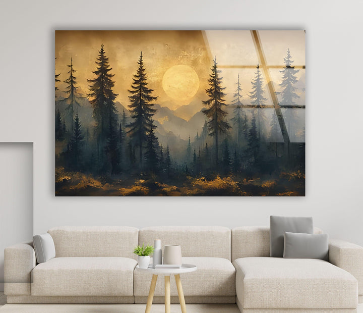 Sunset Forest Landscape Glass Wall Art glass art painting, glass art for the Wall
